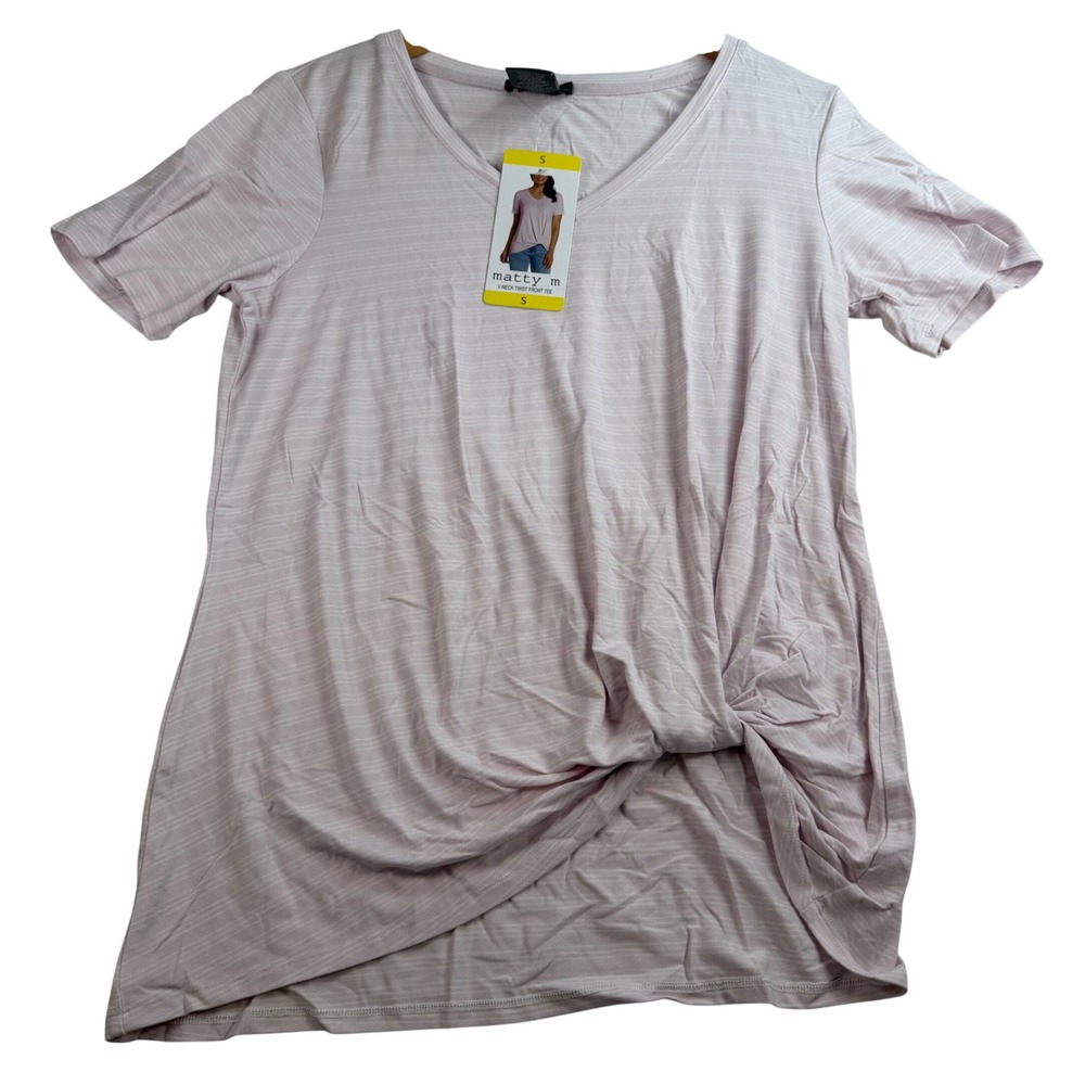 Matty M Womens V-Neck Twist Front Tee Pink Space Dye Stripe Short Sleeve Small